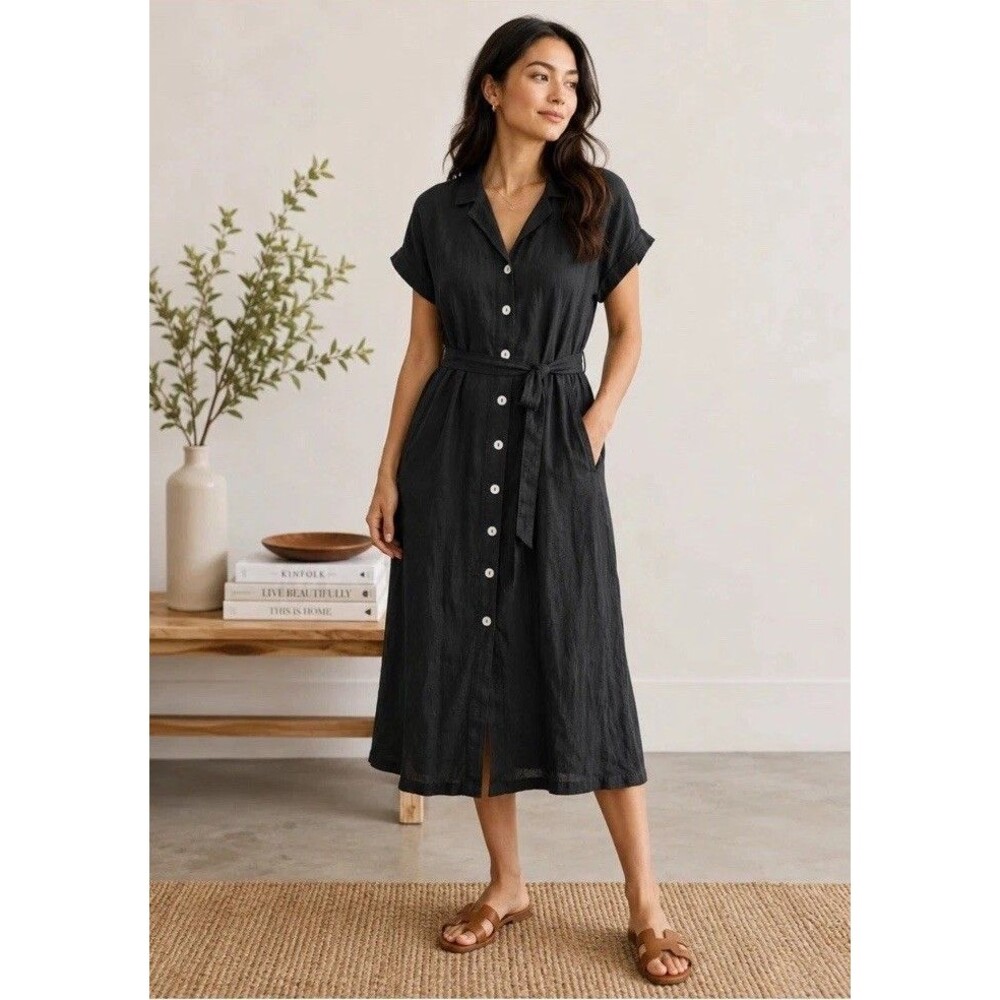 Quince Dress Womens Large Black 100 European Linen Button Front Midi Pockets New